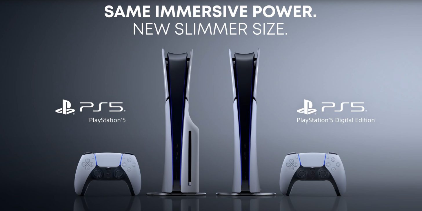 Esta comparativa de PS5 Slim con el modelo actual muestra su tamaño desde  varias perspectivas